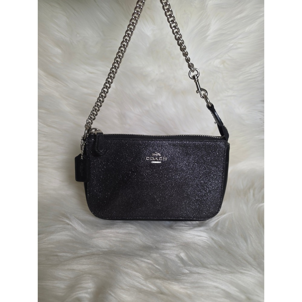 Coach Nolita 19 Black Glitter Wristlet Handbag Silver Chain Strap Small
